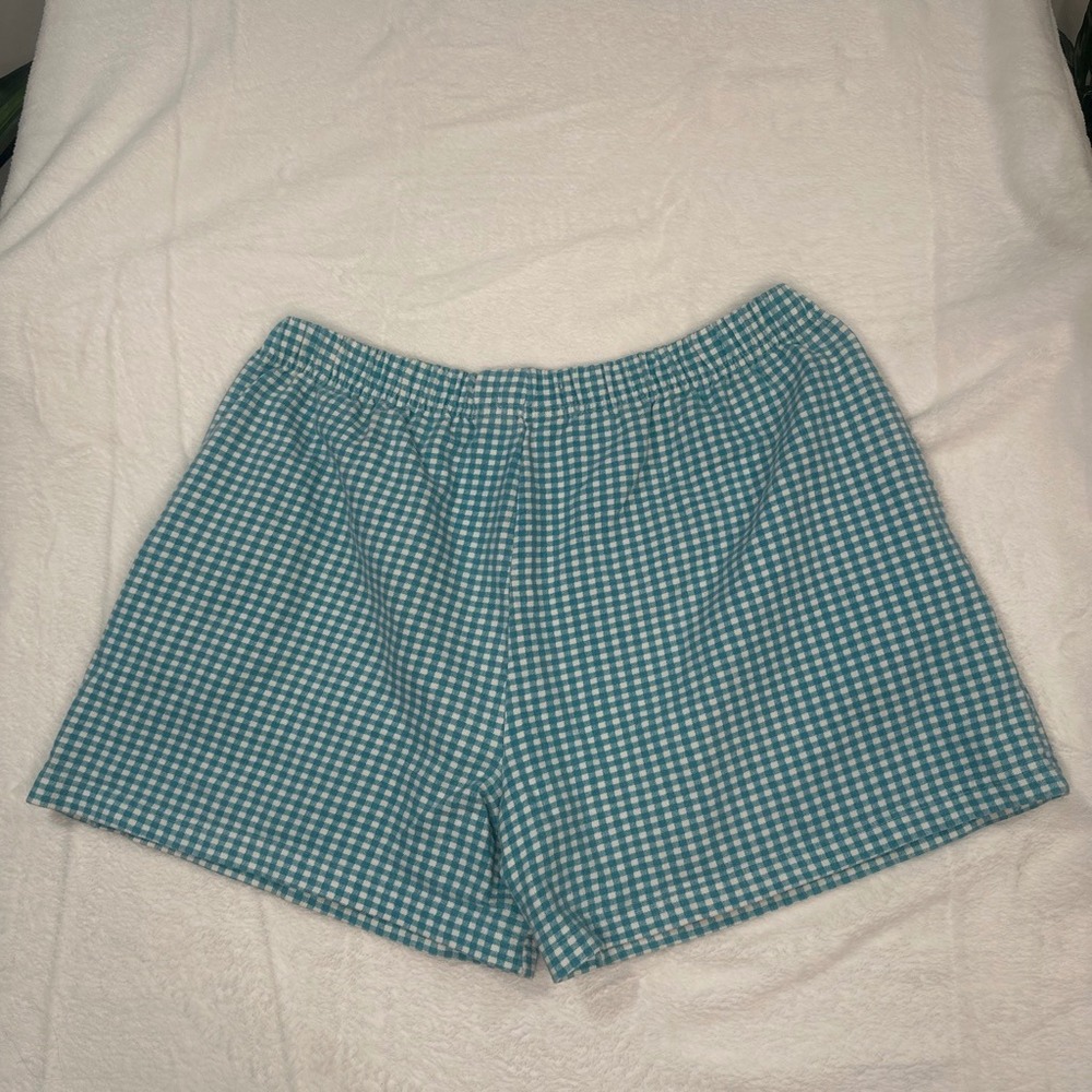 Vintage 90s Cottage Teal Gingham Shorts Elastic Waist Lounge Checkered LARGE XL